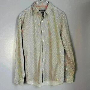 Bugatchi Men's Shaped Fit Spring Rose Print Pin Stripe Button Up Shirt sz M